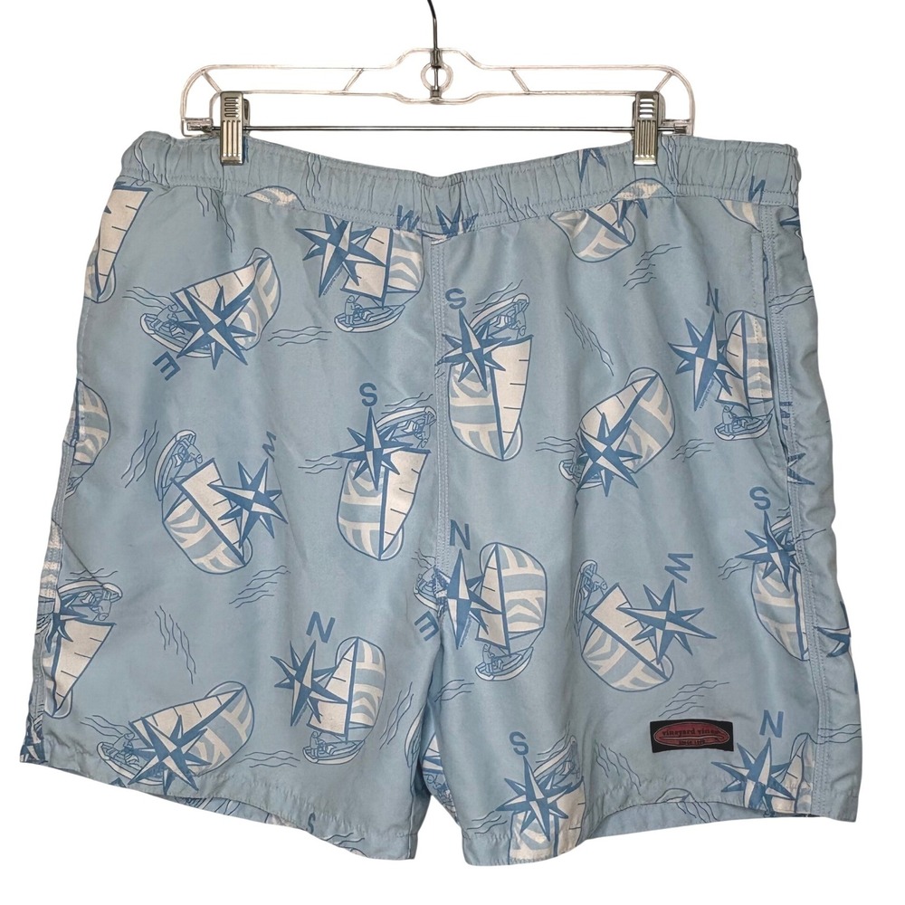 Vtg Vineyard Vines Chappy Swim Trunks L Nautical Compass Sailboat Lt Blue Preppy